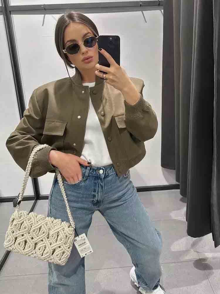 Women s Jackets TRAF 2023 Bomber Jacket Fashion With Pockets Spring Coat Vintage Long Sleeve Casual In Outerwears Chic Tops 230410