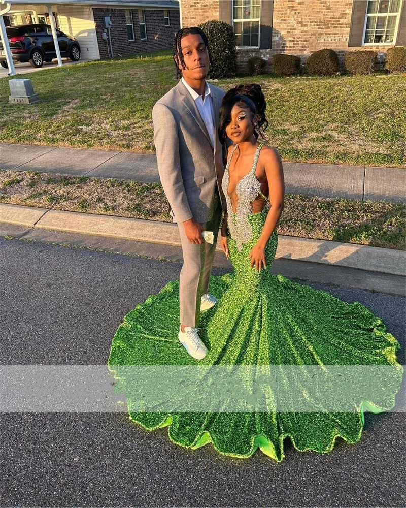 Glitter Green Sequins Long Mermaid Prom Dresses For Black Girls 2023 Beaded Crystal Straps Sparkly Birthday Party Gowns Robe De Bal