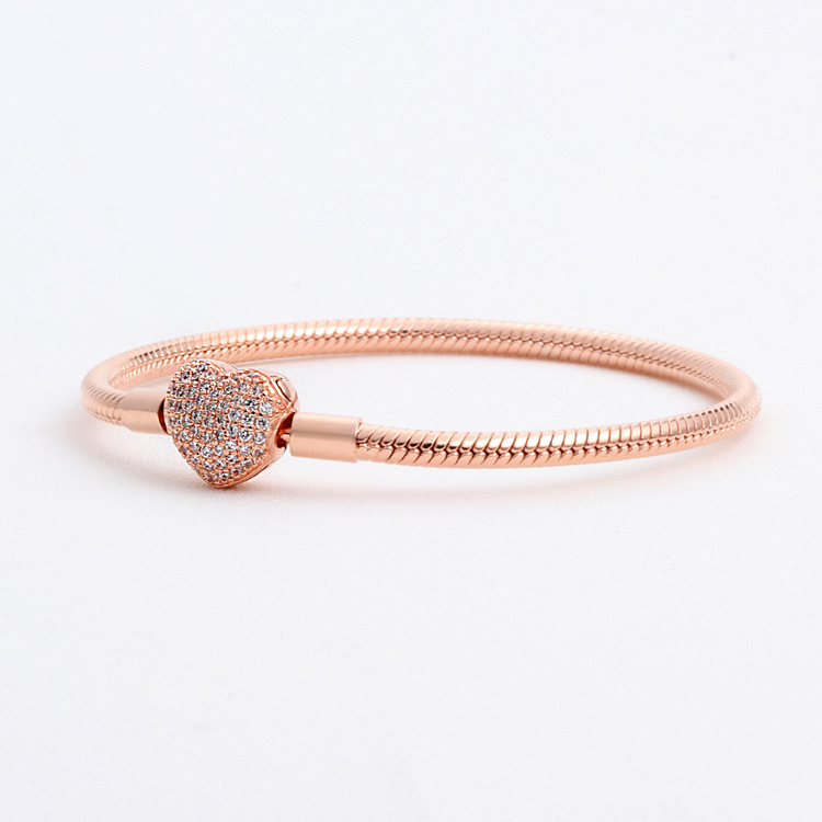 Rose Gold Pave Heart Clasp Charm Bracelets 925 Sterling Silver Snake Chain Bracelet Set For Women Girlfriend Gift Jewelry with Retail Box Z250910