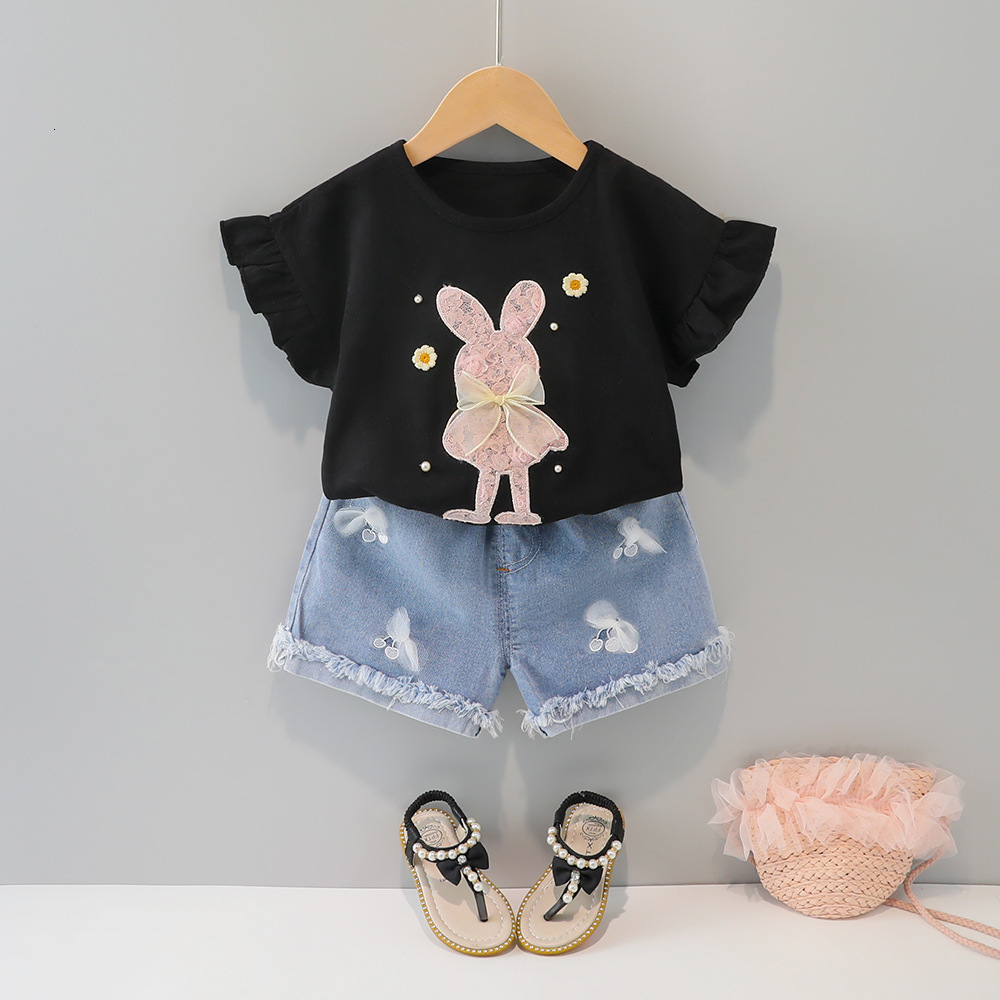 Clothing Sets Girls' summer clothing set denim shorts 2 pieces cotton cartoon fashion set children's baby and toddler clothing 0-4Y 230410