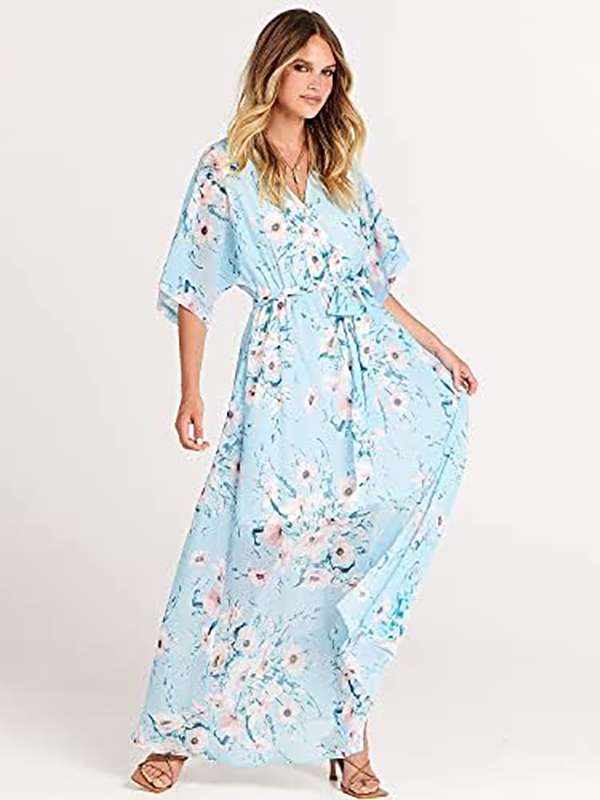 Women's Summer Loose Kimono Maxi Dress Wrap V Neck 3/4 Sleeve Floral Print Slit Long Dresses