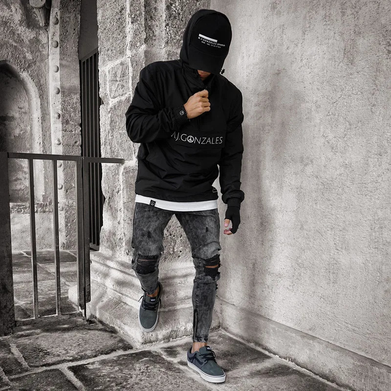 Men's Jeans Biker Jeans Men's Distressed Stretch Ripped Biker Jeans Men Hip Hop Slim Fit Holes Punk Jeans Zipper Pure Color Denim Pants 2311