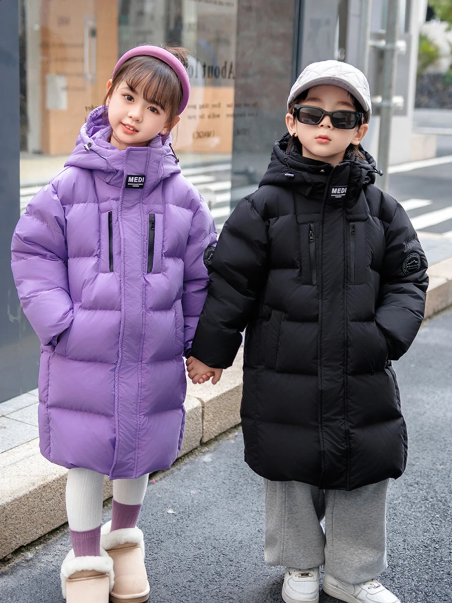 Jackets Girls Long Down Jacket 2023 Children's Skisuit Thickened Hooded Cotton Kids Boys Coat Outdoor Windproof Outerwear CH207 231109