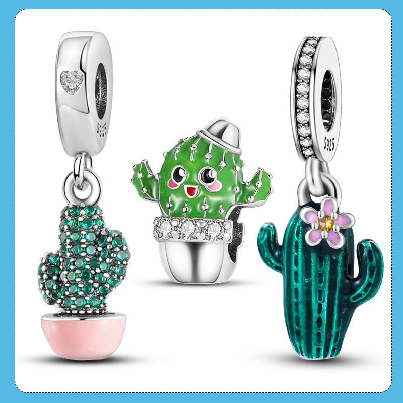 925 Sterling Silver Charm Green CZ Fairy Palm Suspension Pink Porcelain Master Beads Suitable For Ladies Bracelets Primitive Character Jewelry Gift