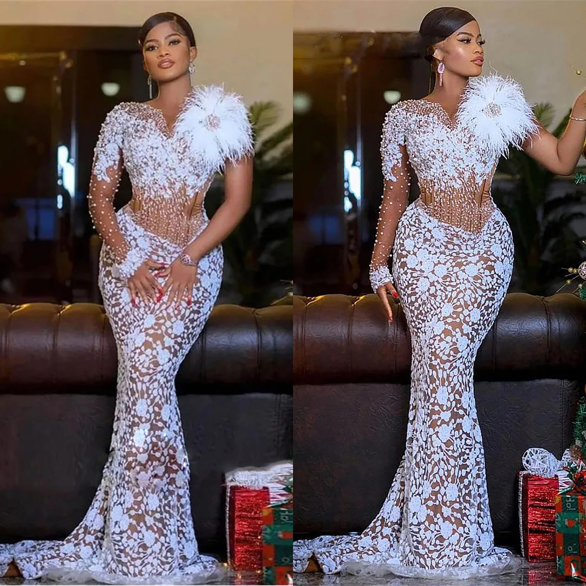 White Lace Mermaid Wedding Dress V Neck Long Sleeve Feather Bridal Gowns Romantic Vestidos De Novia Custom Made