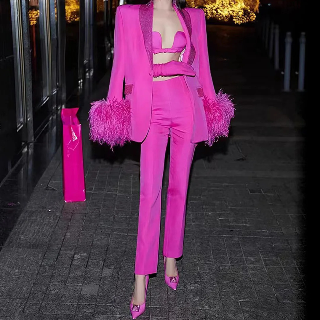 Women's 2-Piece Rhie Blazer Set With Feather Sleeves, Zipper Fly Pants And Elegant Autumn Tracksuit B4