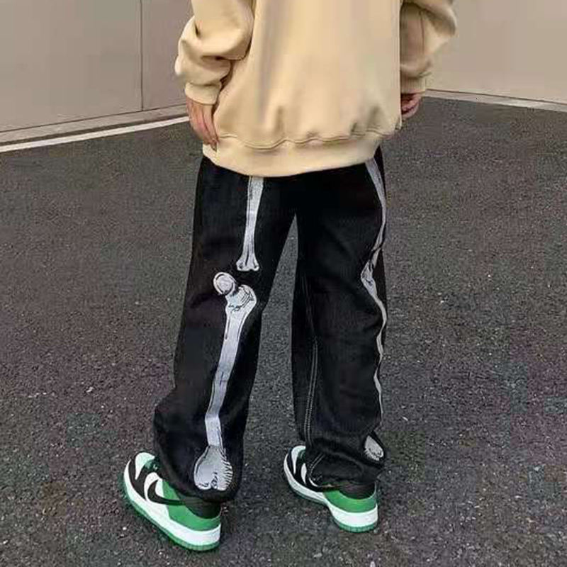 Men's Jeans Vintage Skeleton Hand Bone Embroidery Wash Men's Jeans Pants Vibe Style Straight Casual Large Denim Trousers Street Clothing 230