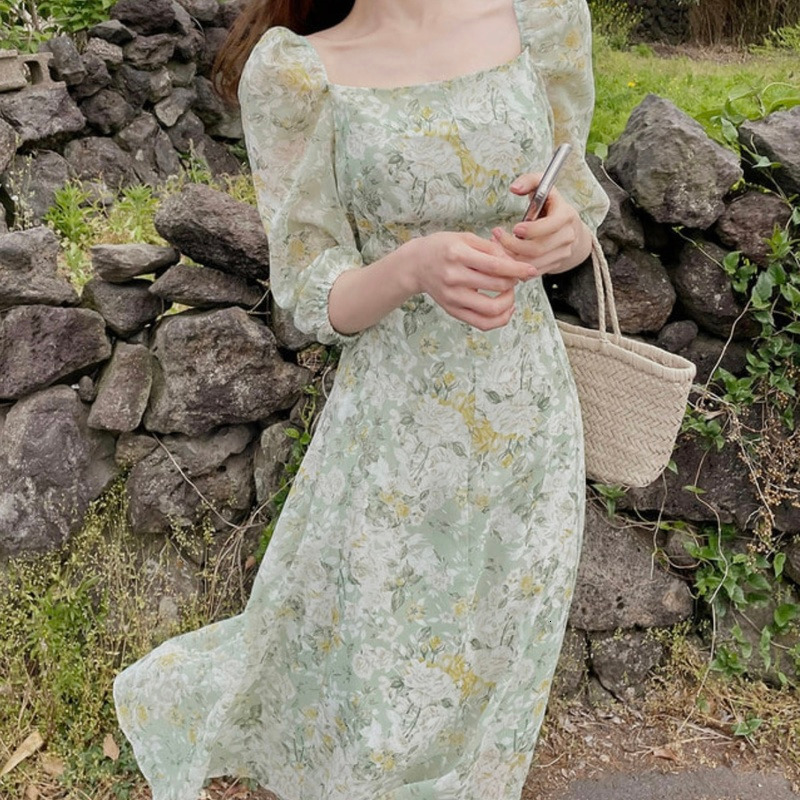 Casual Dresses Korean Fashion Ultra Thin High Waist Square Neck Flower Chiffon Dress Women's Short Sleeve Fashion Vesido De Mujer Sexy 230410