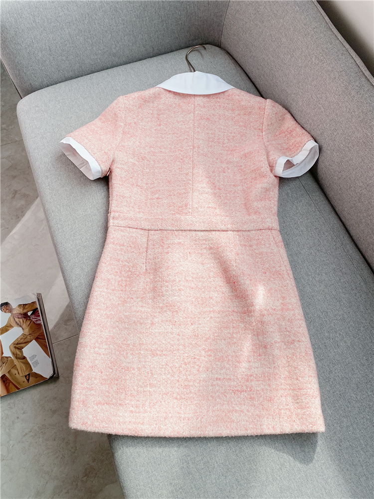 Casual Dresses Tweed polo neck short sleeve dress spring commuting single chest high waist slim A-line dress free of charge 230410