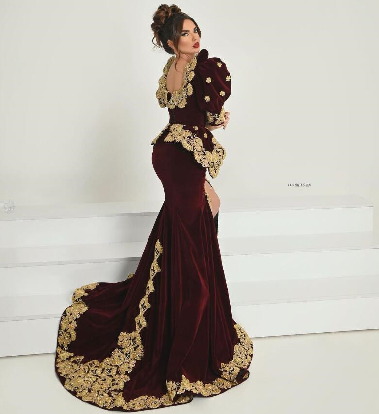 Burgundy Velvet Mermaid Albanian Prom Formal Dress for Women Gold Applique Slit Mashallah Caftan Evening Gowns
