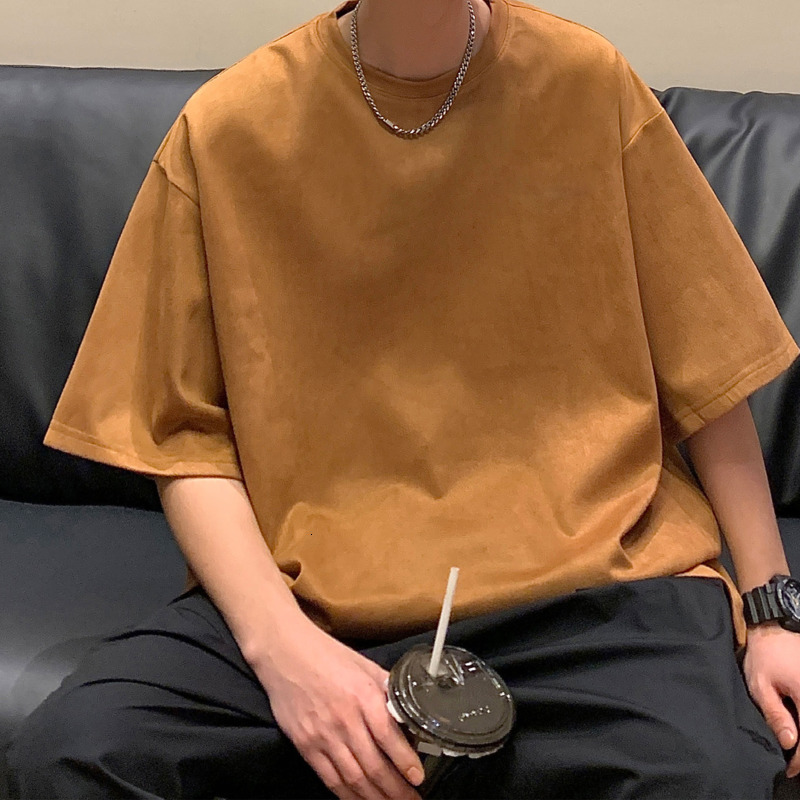 Men's T-Shirts Privatinker American retro men's T-shirt suede solid color loose fitting fashion top casual short sleeved men's T-shirt 