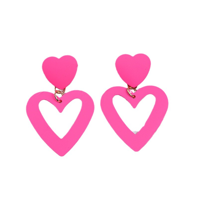 Women Hot Pink Studs Metal Alloy Love Heart Drop Earrings Summer Bohemia Beach Dangles Candy Geometric Statement Jewelry Valentine's Day Gifts fo