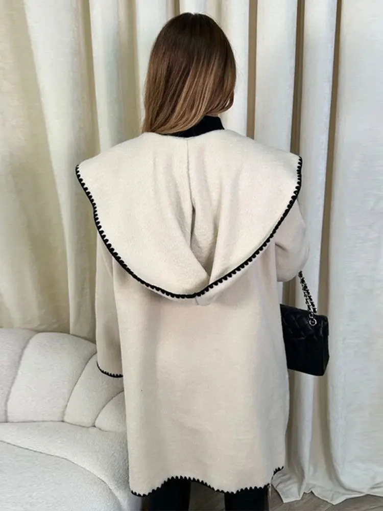 Womens Wool Blends Women Fleece Splied Hooded Coat Elegant Plush Quilted Pocket Warm Jacket Loose Chic Streetwear Outwear Autumn Winter 231110