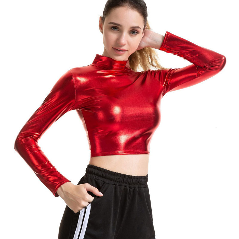 Women's TShirt Women Liquid Metallic Long Sleeve Crop Top Punk Turtleneck Holographic T Shirt Cropped Tops For Rave Club Dance Mock Neck Shirt 23