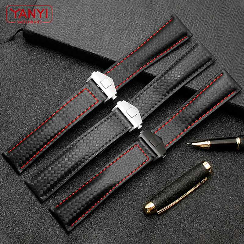 Watch Bands Carbon fiber pattern genuine leather strap 20mm 22m suitable for labeling He uer watch strap 230410