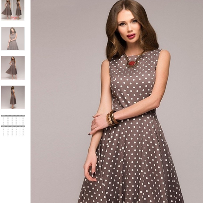 Casual Dresses Retro Summer Dress Sleeveless O-Neck Tank Top Women's Elegant Thin Dot Print Mid calf Casual Dress 230410