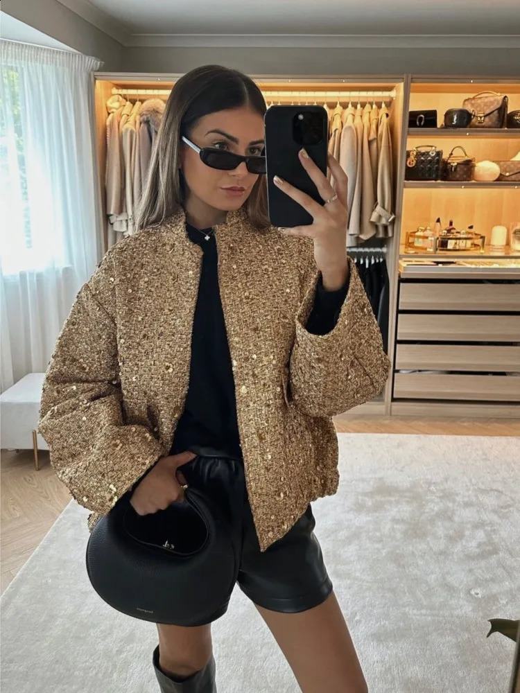 Women's Jackets Chic Shinny Sequin Women Cropped Jacket Stand Collar Long Sleeve Lady Solid Coat 2023 Autumn Female Gold Street Overcoat 231109
