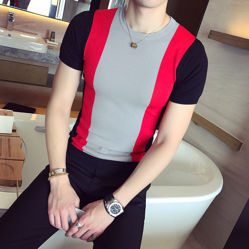 Men's T-Shirts Fashion Spring/Summer Men's Short Sleeve Thin Silk Knitted T-shirt Casual Slim Fit Contrast Color Striped Top 230410