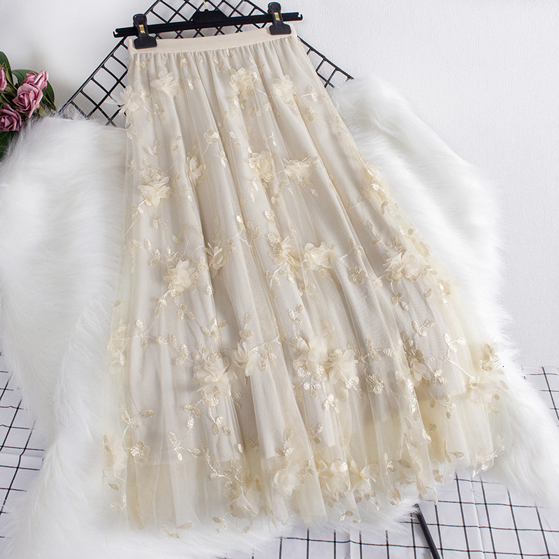 Skirts 3D Flower Decoration Long Net Skiing Summer Women's Sweet Large Swing Fairy Mermaid Skiing Women's Jupes 230410