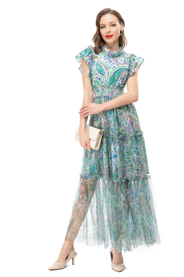 Women's Runway Dresses Stand Collar Sleeveless Printed Elastic Waist Ruffles High Street Fashion Vestidos