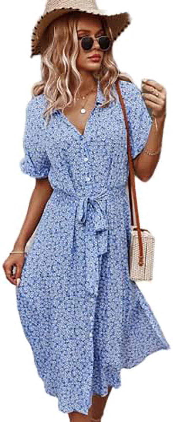 Womens Summer Dress Casual Ditsy Floral Tie Front Button Up Boho Midi Tshirt Dresses
