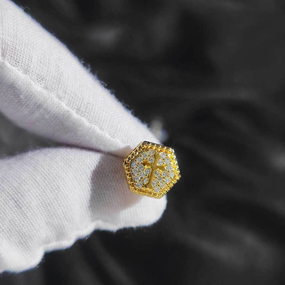 Hip Hop Hexagon Cross Stud Earrings Cylinder Shape Shining Zircon Dangle Earrings Gold Plated Vintage Geometric Jewelry
