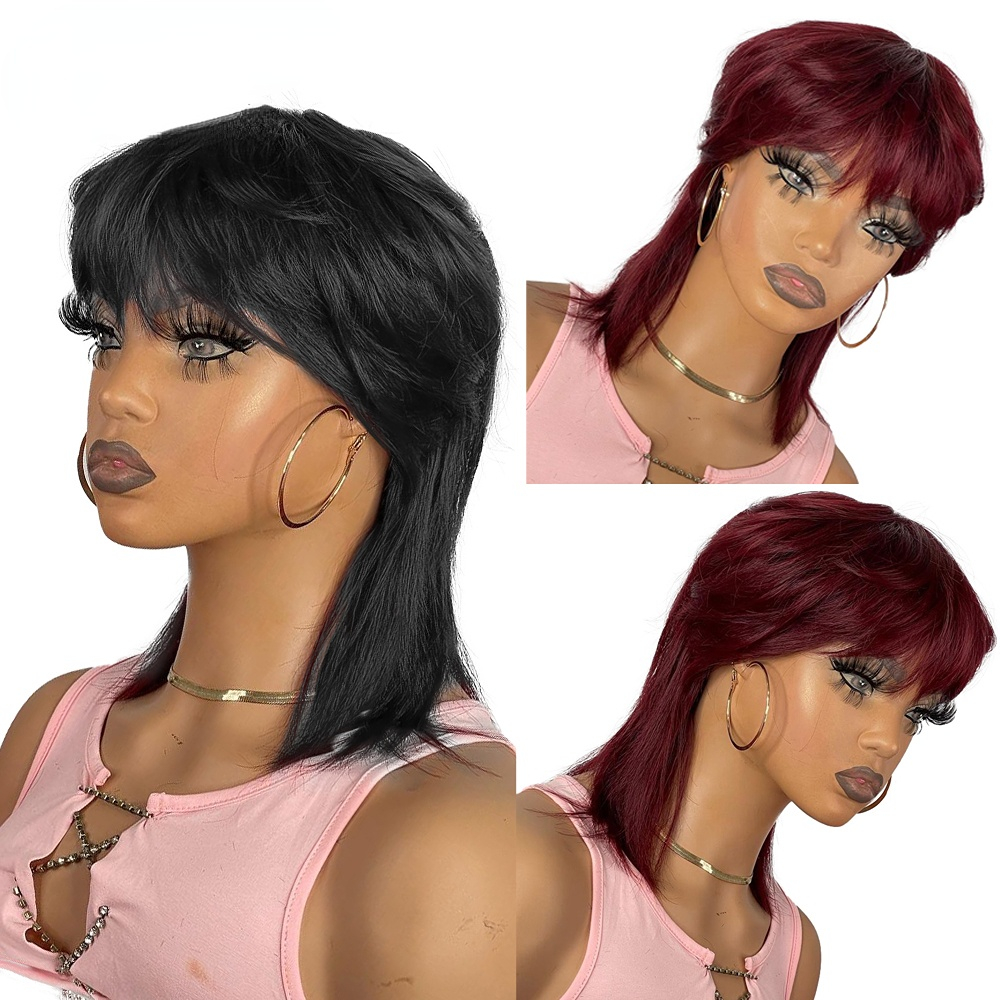 Short Straight Human Hair Wigs With Bangs Natural Color Brazilian Remy Hair Pixie Cut Wig Black Burgundy Red Human Hair Wig For Black Women