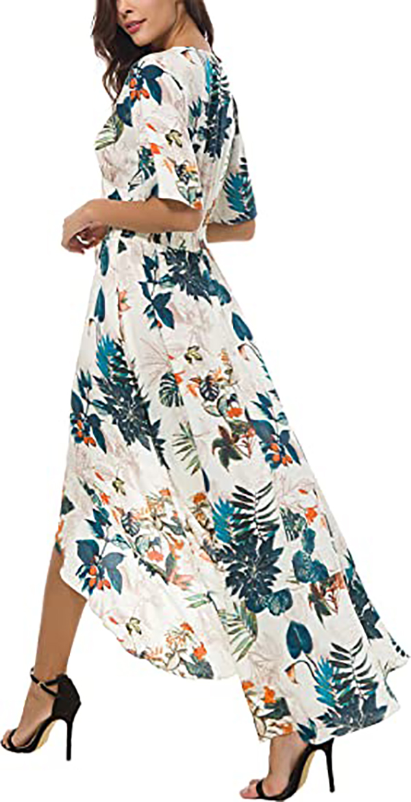Womens Short Sleeve Floral High Low V-Neck Flowy Party Long Maxi Dress