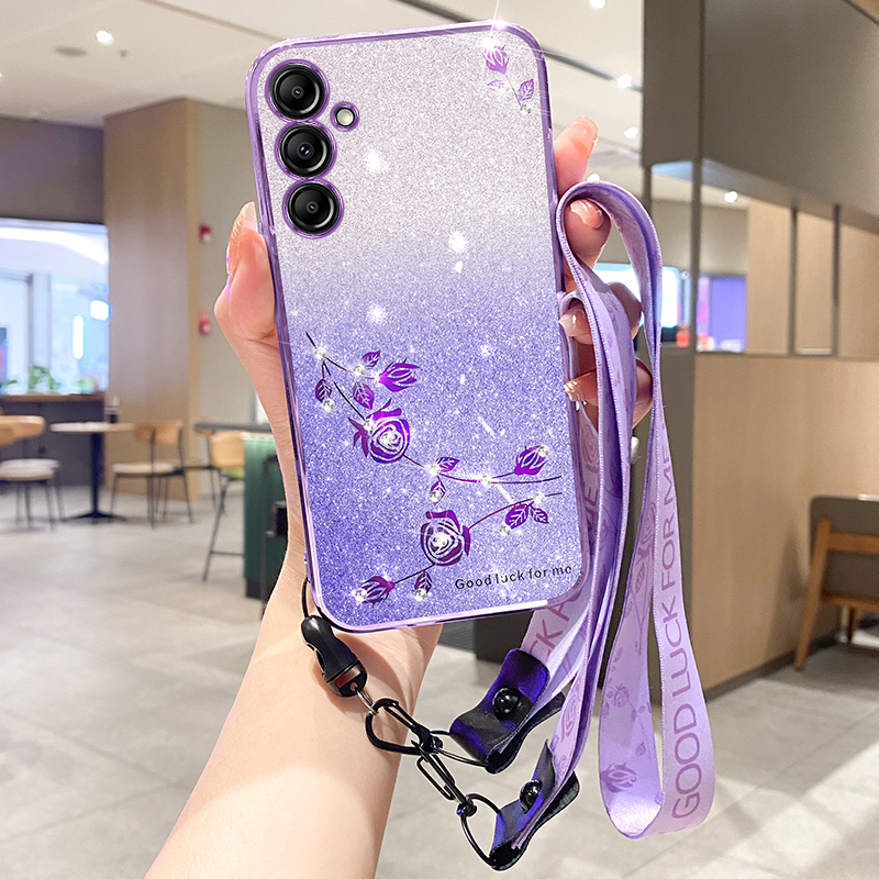 S25 Edge Crossybody Strap Flower Bling Diamond Cases For Samsung S24 Ultra Plus A17 A07 A26 A06 A36 A56 A15 A05S A05 A25 Gradient Glitter Soft TPU Chr