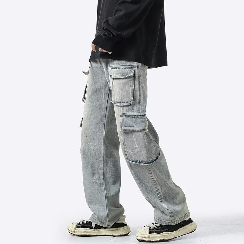 Men's Jeans DEEPTOWN Vintage Cargo for Men Loose Multipocket Denim Pants Distressed Straight Trousers Male Retro Streetwear Hip Hop 230410