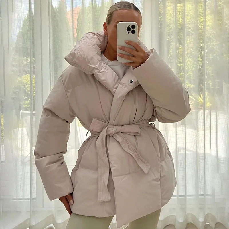 Women's Down Parkas Malina Winter Thick Stand Collar Parkas Women Fashion Tie Waist Coats Women Elegant Solid Short Padded Jackets Female Ladies 