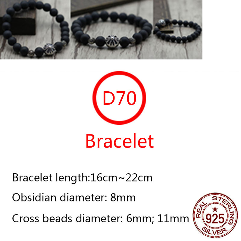 D70 S925 sterling silver bracelet fashion letter frosted Obsidian round beads hand string personality retro cross punk hip-hop style gift for lovers