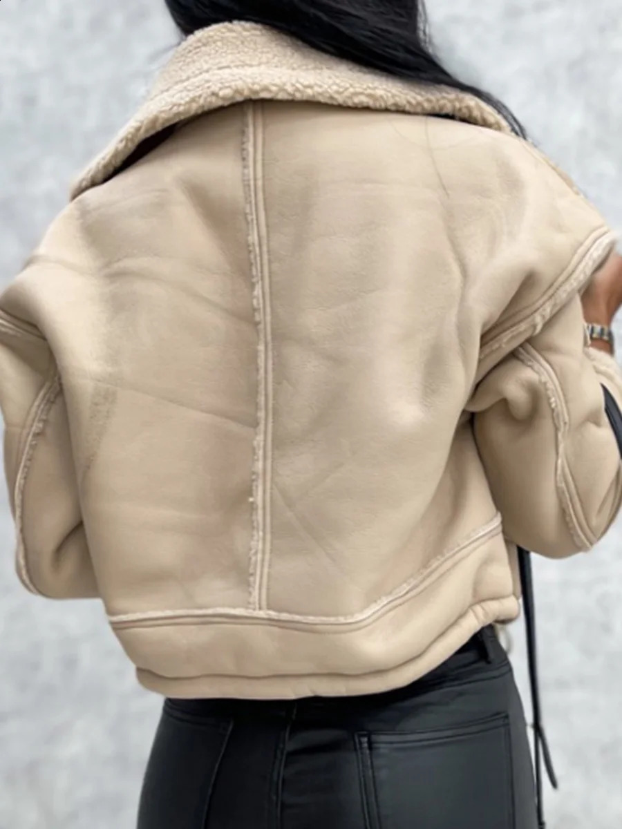 Women PU Faux Fur Leather Jacket Open Front Casual Furry Collar Lapel Short Parka Coat Warm Cardigan with Belt Outwear 241223