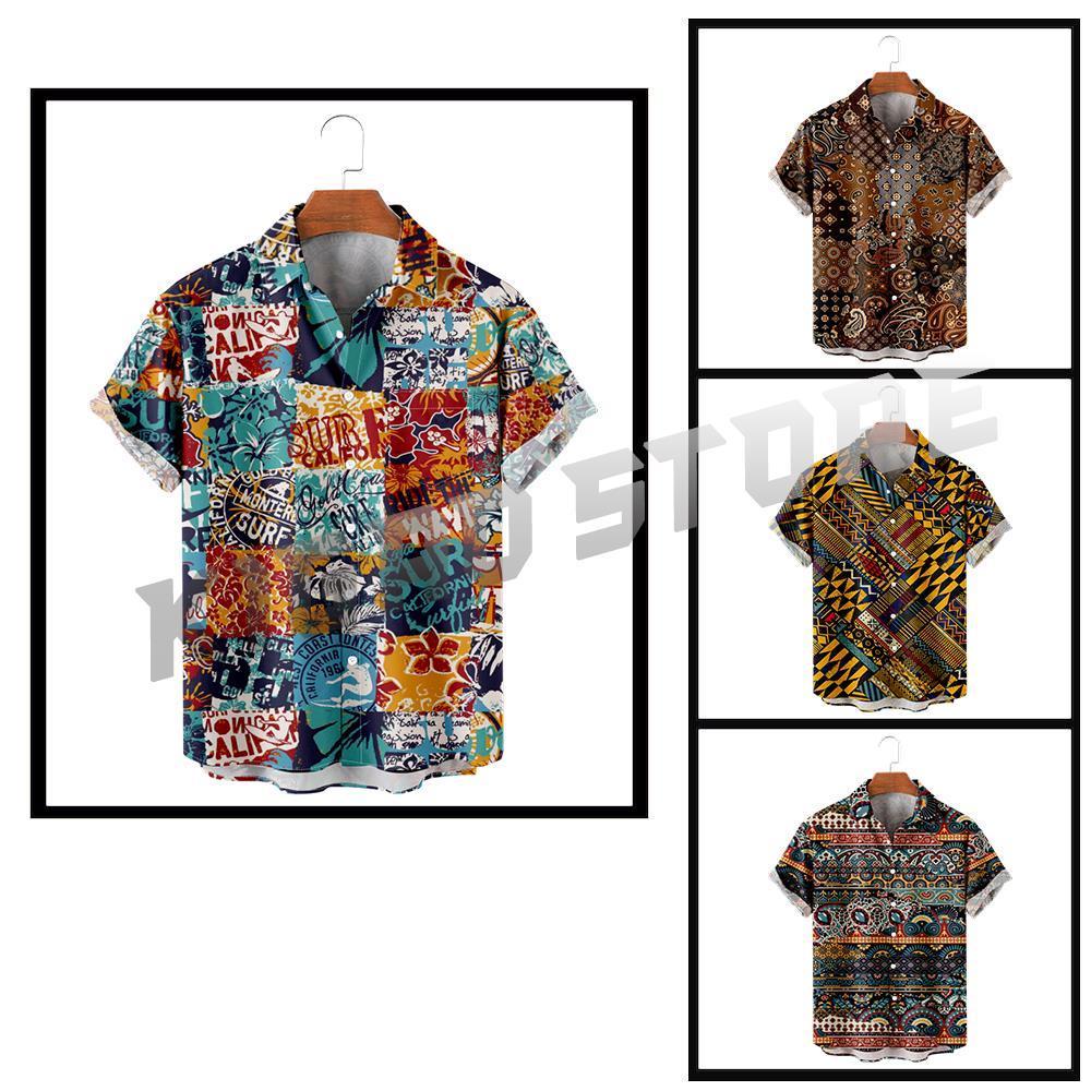 Men's Casual Shirts Casual Button Down Hawaiian Shirts For Men Vintage Patchwork Pattern Turndown Outdoor Street Short Sleeve Shirt 230410