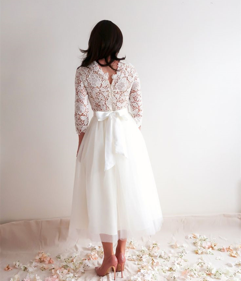 Vintage Tea Length A Line Wedding Dress Lace Top 3/4 Long Sleeves Ivory Tulle Bridal Gowns Garden Simple Bride Dresses 2024