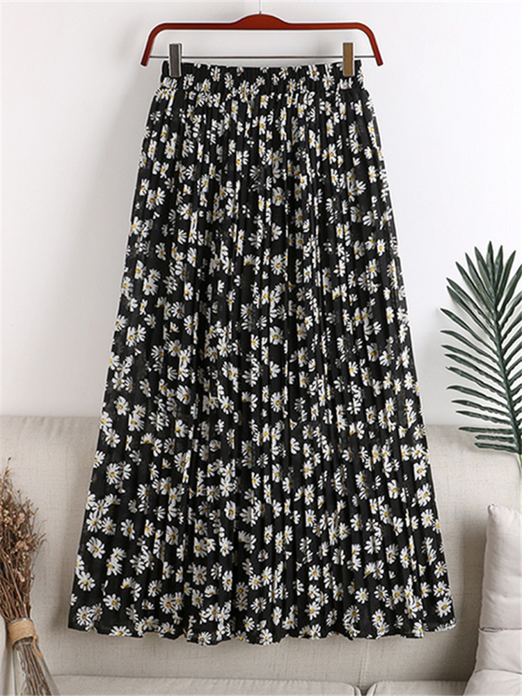 Skirts REALFT Summer Retro Flower Print Tulle Pleated Women's Metre Length Skiing Chiffon High Waist Loose Fit Women's Umbrella Skiing 23041