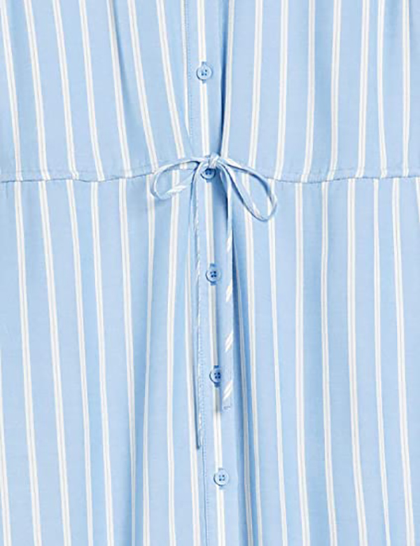 Women's Half-Sleeve Waisted Midi A-Line Dress Blue/White French Stripe Large