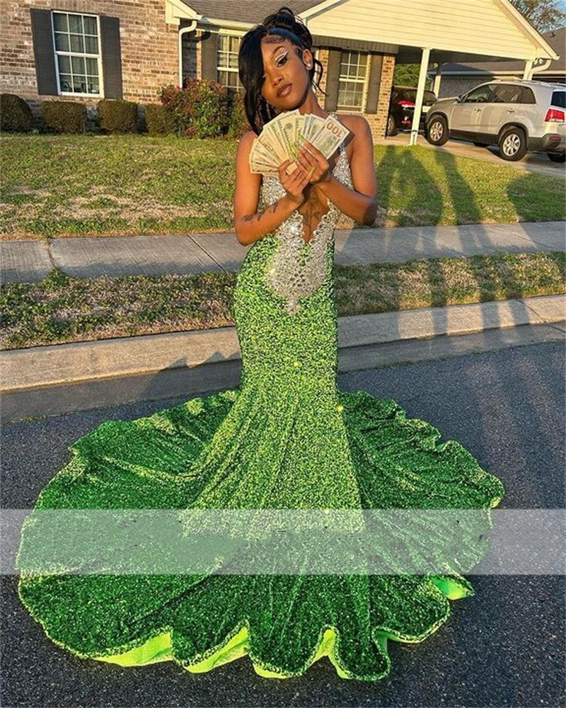 Glitter Green Sequins Long Mermaid Prom Dresses For Black Girls 2023 Beaded Crystal Straps Sparkly Birthday Party Gowns Robe De Bal