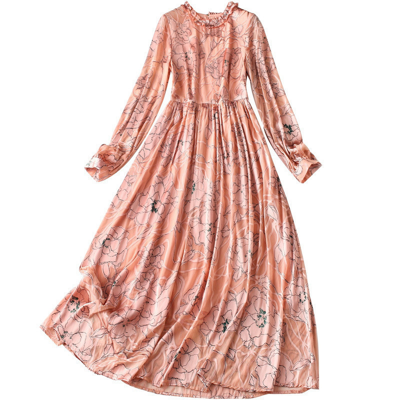 Casual Dresses silk dress autumn stitching lace dress long sleeve print fit and flare long dresses230413
