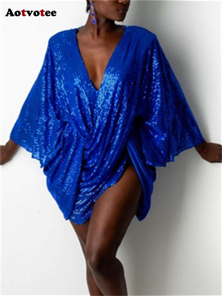 Sequins for Women New Fashion Loose Asymmetrical Mini Dress Vintage Elegant V Neck Chic Evening Dresses
