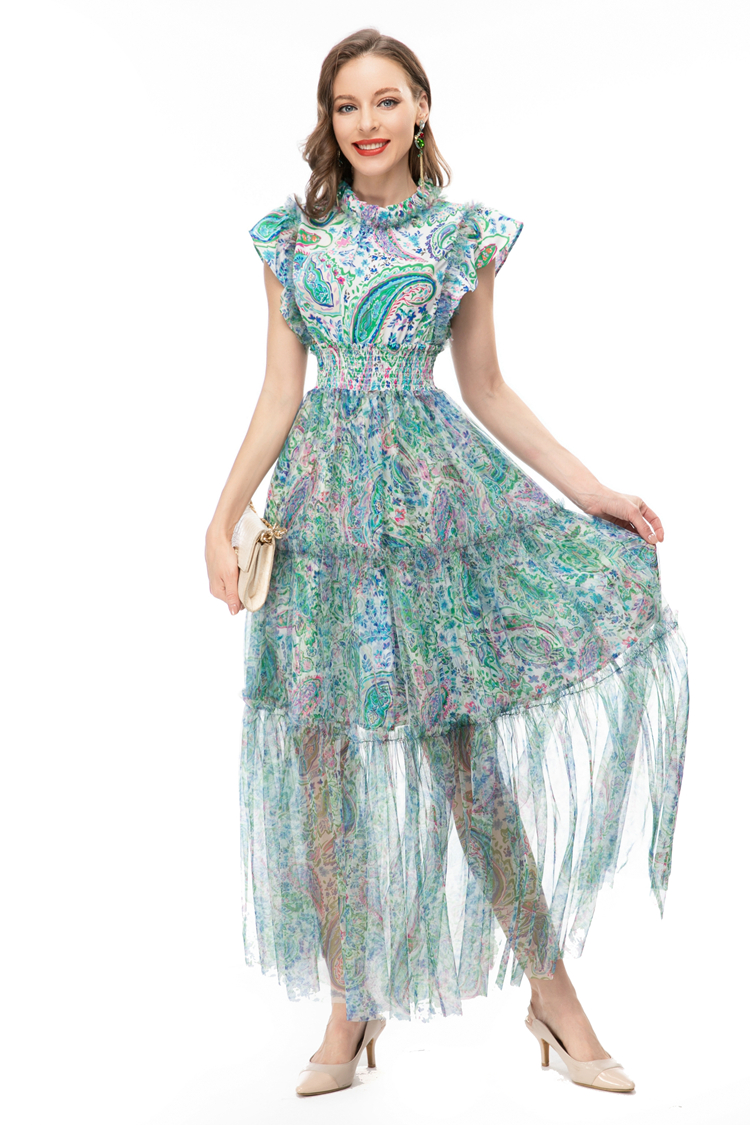 Women's Runway Dresses Stand Collar Sleeveless Printed Elastic Waist Ruffles High Street Fashion Vestidos