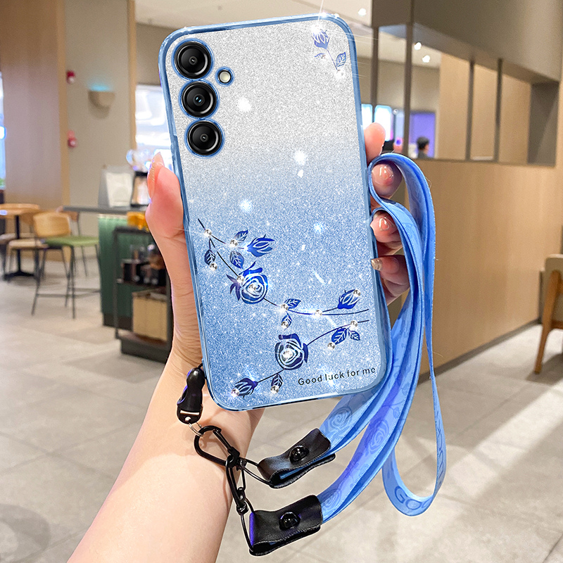 S25 Edge Crossybody Strap Flower Bling Diamond Cases For Samsung S24 Ultra Plus A17 A07 A26 A06 A36 A56 A15 A05S A05 A25 Gradient Glitter Soft TPU Chr