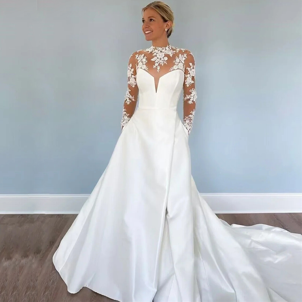 Elegant Satin A Line Wedding Dresses Jewel Neck Long Sleeve With Pocket Bridal Gown Side Split Sweep Train Robe De Mariage