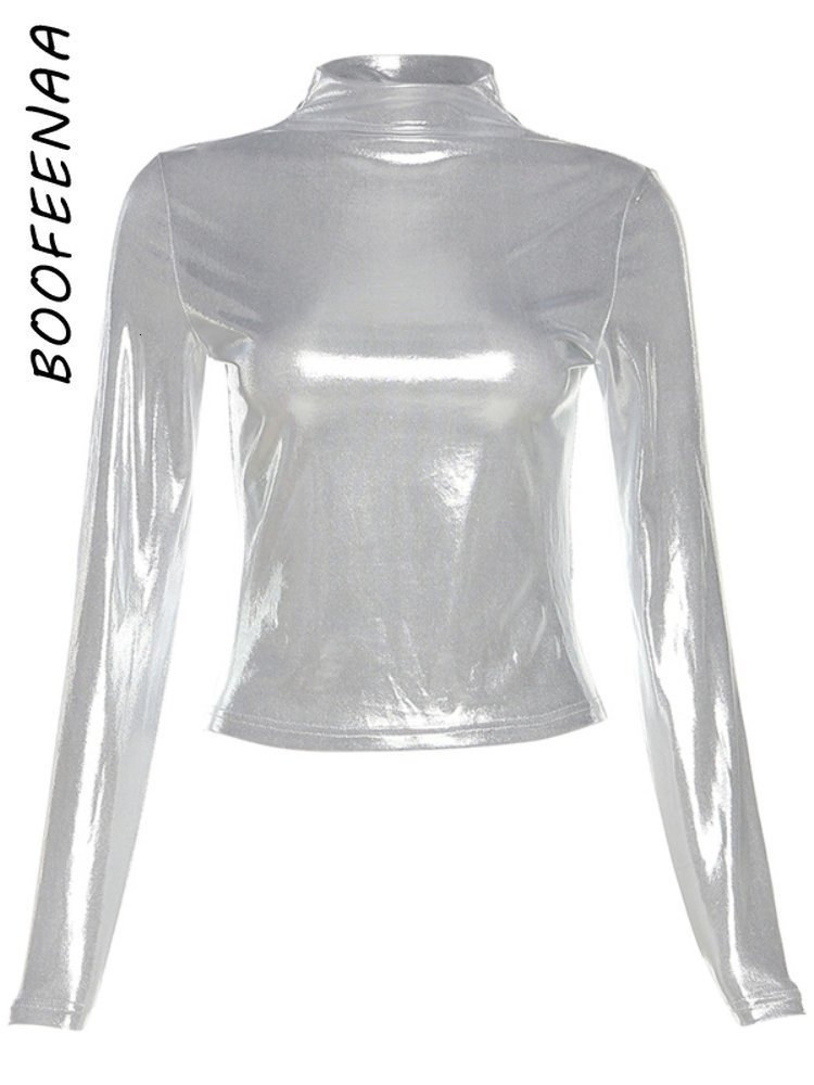 Women's Tshirt BOOFEENAA Y2k Crop Top Metallic Shiny Sier Mock Neck Long Sleeve Tees Sexy Tight T Shirts For Women Clothing C96bz16 230410