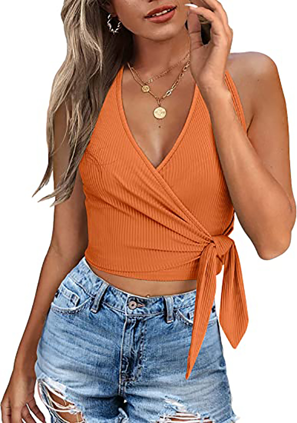 Crop Tops for Women Summer Cute Tops with Deep V Neck Shirts Unique Cross Wrap Slim Fit Tie Up Front Short Sleeve