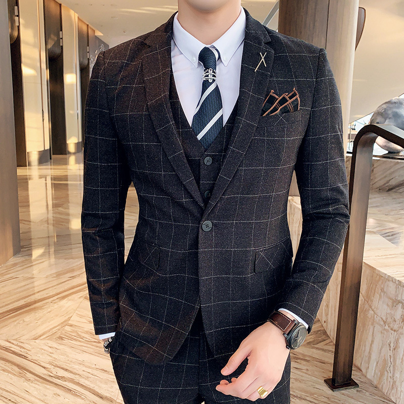 Men's Suits Blazers Size S-7XL Jacket Vest Pants Three-piece Male Formal Business Plaids Suit Groom Wedding Dress Plaid Striped Mens Suit 230410