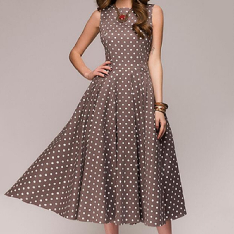 Casual Dresses Retro Summer Dress Sleeveless O-Neck Tank Top Women's Elegant Thin Dot Print Mid calf Casual Dress 230410