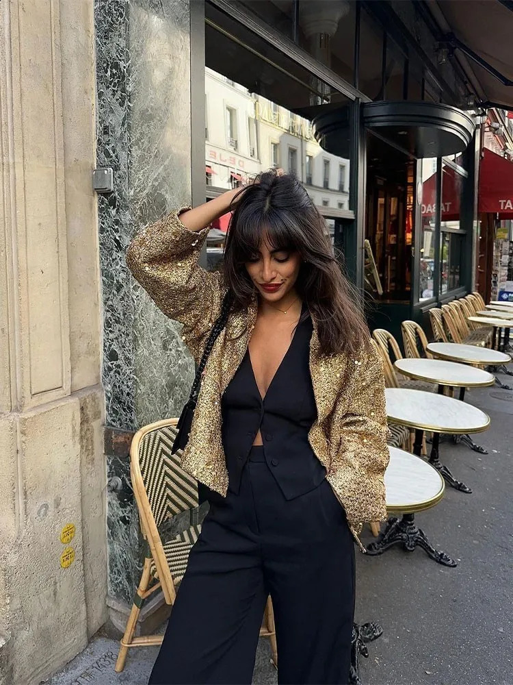 Women's Jackets Chic Shinny Sequin Women Cropped Jacket Stand Collar Long Sleeve Lady Solid Coat 2023 Autumn Female Gold Street Overcoat 231109