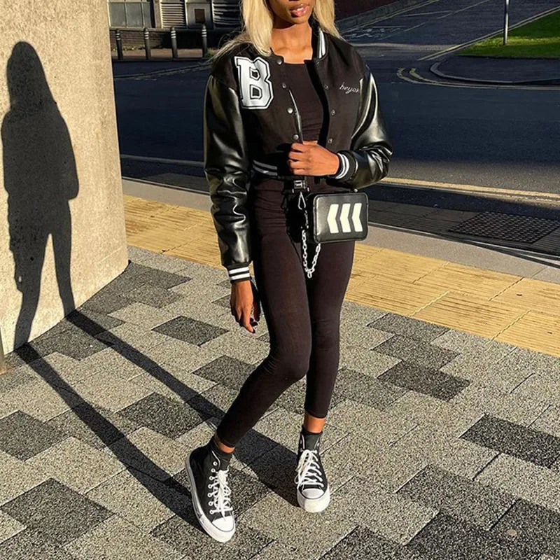 Womens Jackets Brown Baseball Fashion Fall For Women Patchwork Button Black Crop Top Coats Red Varsity Bomber Jacket 231110