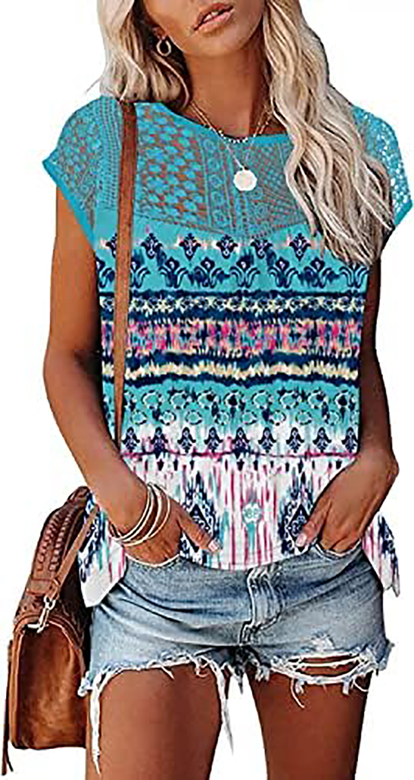 Womens Cap Sleeve Tops 2023 Trendy Floral Print Summer Tops Loose Fit Lace T Shirts Blouses